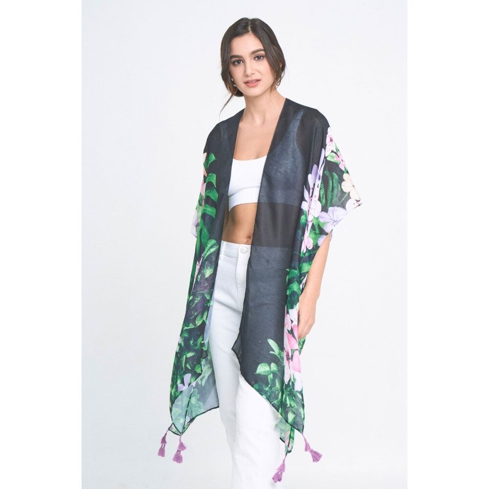 DIONA J FLORAL PRINT KIMONO ONE SIZE COLOR BLACK